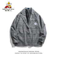 稻草人有貨復古格子西服外套男潮牌高街bf寬松休閑痞帥情侶西裝夾克 灰色 M