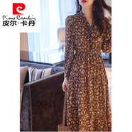 皮爾卡丹雪紡碎花連衣裙歐洲站春秋女裝百搭通勤純色開(kāi)衫長(zhǎng)裙顯瘦兩件裝 棕色連衣裙 S 85-100斤