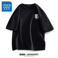 真維斯（Jeanswest）半袖男夏季大碼男士衣服男生純棉休閑短袖體恤胖子寬松男裝白t恤 黑色(哈尼熊胸標) 5XL (建議230斤-260斤左右)