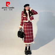 皮爾卡丹冬天衣服女套裝節日氛圍格子外套搭配半裙冬季紅格毛毛小香風(fēng)套裝 長(cháng)半裙 S