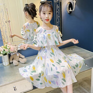 童妤童裝女童連衣裙夏裝2021新品中大兒童洋氣公主裙子女孩雪紡長(zhǎng)裙小學(xué)生波西米亞沙灘裙5-14歲衣服 黃色（森林樹(shù)葉裙） 160碼建議身高145-155cm