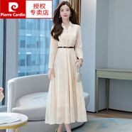 皮爾卡丹時(shí)尚氣質(zhì)長(zhǎng)袖連衣裙春秋2024年新款女早春夏名媛感氣質(zhì)雪紡長(zhǎng)裙子 杏色 2XL