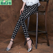 艾妃琳2025新款加絨加厚褲子英倫風(fēng)彈力小腳褲黑白格子秋冬休閑印花女褲 黑白格子 春秋款 25 建議80--87斤