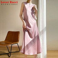 LOVER RUCCI三醋酸緞面真絲吊帶連衣裙女夏季桑蠶絲圓領長裙子A字裙高腰無袖 粉色 L