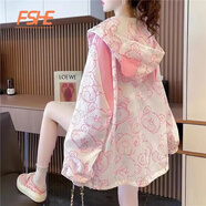 FSHE2025新款中長(zhǎng)款夏季卡通防曬衣女款超薄開衫連帽風(fēng)衣外套大碼寬松 粉色  L