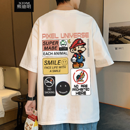熊迪明短袖t恤男士夏季潮牌純棉上衣服美式五分寬松休閑情侶半袖體恤衫 馬里奧白色 4XL