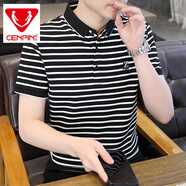 誠品時(shí)尚男裝條紋棉質(zhì)短袖T恤男夏季半截袖翻領(lǐng)繡花T恤男士夏裝上衣 黑色 L 175