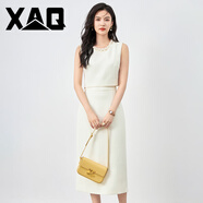 XAQ職業(yè)套裝女夏季名媛氣質(zhì)小香風(fēng)珍珠領(lǐng)連衣裙女背心短上衣配包臀裙 杏色 S