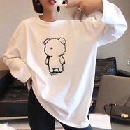亨亞晟早秋白色長袖T恤女純棉新款韓版寬松秋季打底衫百搭港味上衣春季 白色長袖寬松版小熊 XL 110-130斤