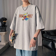 大魚(yú)界線(xiàn)ins超火的上衣服男ulzzang情侶裝夏裝短袖t恤男潮流學(xué)生班服原宿港風(fēng)bf半袖體恤打底衫 淺灰色 4XL(180-200斤）