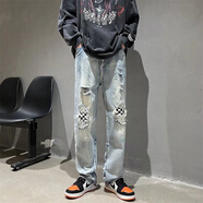 楠馨妤 破洞棋盤格牛仔褲子男夏季新款破洞高街破痞帥水洗淺色牛仔褲男  DD-N108 圖色 M