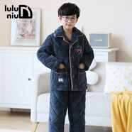 嚕嚕牛兒童睡衣男童冬季加厚三層夾棉男孩小孩寶寶中大童家居服 A82003-深藍色 120 (10碼 建議身高115-125)