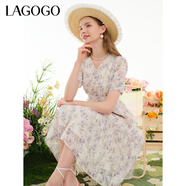 LAGOGO重工雪紡鏤空繡花連衣裙女拉谷谷夏季新款泡泡袖茶歇碎花裙 混色(Y0) S