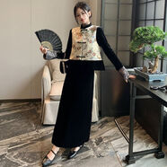 燁聆大碼女裝胖妹妹200斤秋冬裝高端微胖穿搭一整套女冬季新中式套裝 馬甲連衣裙兩件套 3XL  建議160-190斤