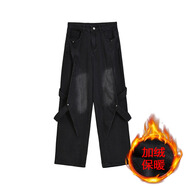 柯菲沃美式高街Vibe復古重工做舊水洗牛仔褲男解構拼接設計直筒闊腿長(cháng)褲 潮富派-1108黑色（配褲帶）加絨 S (建議體重80-95斤)