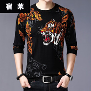 宿萊有龍圖案的衣服春秋季裝長(cháng)袖T恤男士花紋帶龍針織霸氣古惑仔上衣 花藤老虎HF黑色8611 S 165/84A