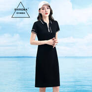 SHIROMA運(yùn)動(dòng)長(zhǎng)款T恤休閑連衣裙女POLO領(lǐng)夏季新款收腰裙子氣質(zhì)薄款 黑色 2XL