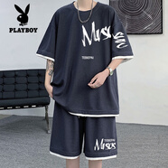 花花公子（PLAYBOY）短袖T恤男套裝男2025夏季新款美式休閑短褲兩件套情侶居家寬松潮 深藍(lán)色一套 4XL
