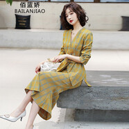 佰藍(lán)嬌兩件套套裝裙21年秋裝新款秋季時(shí)尚氣質(zhì)職業(yè)裝女裝套裝修身顯瘦女士長袖格子西裝連衣裙魚尾裙長裙子 黃色 L