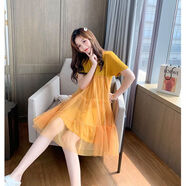VEOX夏季2025新款韓版寬松小清新甜美拼接短袖蛋糕仙女連衣裙子女可愛(ài) 黃色 S _90斤內