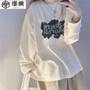 漫佩 新款圓領(lǐng)長(zhǎng)袖T恤女學(xué)生韓版寬松白色上衣中長(zhǎng)款薄款打底衫上衣服 #Krokus【款】 S 【建議70斤-90斤】