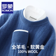 羅蒙（ROMON）輕熟風(fēng)純羊毛針織衫男士秋冬季提花圓領(lǐng)套頭毛衣男加厚保暖打底衫 深藍(lán)色 XL