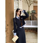 蓉月閣學(xué)院風(fēng)套裝女秋季2024新款氣質(zhì)假兩件短款長(cháng)袖小西服百褶半身長(cháng)裙 藏藍上衣+藏藍半身裙【兩件套配 2XL 建議【130-145斤】
