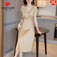 皮爾卡丹（pierre cardin）高端輕奢真絲連衣裙2023時尚系帶收腰桑蠶絲連衣裙 香檳色 3XL