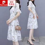 皮爾卡丹（pierre cardin）碎花雪紡連衣裙女2025夏季新款中長(cháng)款小個(gè)子收腰顯瘦氣質(zhì)a字裙子 潮805#白色 XL