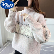 迪士尼（Disney）女大童高領(lǐng)仿水貂絨毛衣13高中初中學(xué)生12歲15秋冬套頭寬松打底衫 粉色 M 建議95-110斤