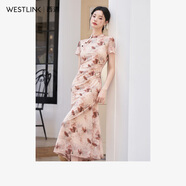 西遇新中式國風(fēng)旗袍領(lǐng)連衣裙女春季新款精致印擺針織裙 杏色 S