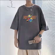 大魚(yú)界線(xiàn)ins超火的上衣服男ulzzang情侶裝夏裝短袖t恤男潮流學(xué)生班服原宿港風(fēng)bf半袖體恤打底衫 深灰色 XL(135-145斤）