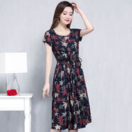 索宛亦（SUOWANYI）2021夏季新款碎花棉綢短袖連衣裙女中長(zhǎng)款收腰修身顯瘦人造棉裙 楓葉-藏青底 3XL 建議(130斤-145斤