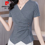皮爾卡丹交叉V領(lǐng)T恤女短袖夏季2025年新款不規則收腰短款上衣時(shí)尚洋氣小衫 灰色 L 建議105-115斤