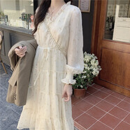 妙奕嘉純欲碎花長袖連衣裙女裙子海邊沙灘裙度假長裙衣服女裝春早秋新品 花邊小黃花蛋糕連衣裙 S 【建議95斤以下】