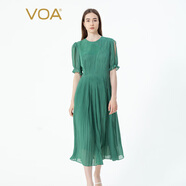 VOA100%真絲圓領(lǐng)撞料明線拱針工藝不對稱設(shè)計花苞短袖百褶裙 AE2311 浣溪紗-灰綠（G88） S