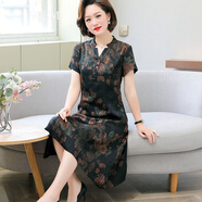 SOEM真絲香云紗連衣裙女夏季新款高氣質(zhì)媽媽裝中年女桑蠶絲長(zhǎng)裙子 黑色 (實(shí)物拍攝) XL 建議105-115斤