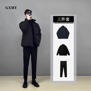 gxmy輕熟風棉服男士休閑冬季韓版潮流加絨加厚棉衣服男裝外套一套搭配 黑色棉服+高領(lǐng)黑毛衣+加絨黑西褲 XL 【125-145斤】