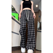 QGF黑色格子褲女夏季新款寬松百搭韓版垂感小個(gè)子潮牌休閑闊腿長(cháng)褲子 常規黑格子褲長(cháng) M