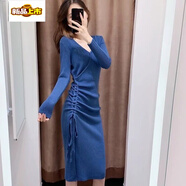 初徑針織連衣裙女2025秋冬港味氣質(zhì)交叉V領(lǐng)系帶修身顯瘦打底毛線裙子 藍(lán)色 L【建議105-115斤】