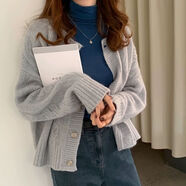 Jret2025新款春秋小香風(fēng)針織衫女韓版寬松bf慵懶風(fēng)毛衣短款開(kāi)衫外套女 灰色 L (建議110-120斤)