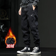 潮天士哈倫男寬松束腳褲男士春季潮牌百搭小腳休閑工裝褲松緊腰抽繩褲子 黑色【加絨款】 3XL 【180-200斤】