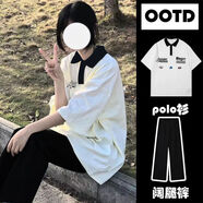 熙敘晨 2022夏季新款寬松套裝女休閑運動(dòng)學(xué)生日系polo上衣長(cháng)褲兩件套女 白色polo衫+黑色闊腿褲【兩件套】 M 建議80-100斤
