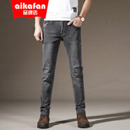 艾卡梵（aikafan）牛仔褲男士復古黑灰色彈力直筒寬松做舊赤耳丹寧潮牌歐版牛仔褲子 黑灰色歐版直筒牛仔褲 28碼- 建議體重85-105斤