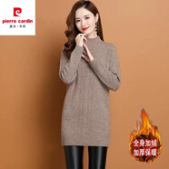 皮爾卡丹（pierre cardin）針織衫女加絨/加厚毛衣半高領(lǐng)中長款毛衣純色秋冬加厚寬松針織 駝色加/絨加厚 M 95-105斤