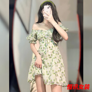 美梵朗法式綠色碎花連衣裙子女夏新款小眾設(shè)計感一字肩初戀桔梗短裙 碎花裙[森女超仙森系/鹽系穿搭輕-約會戰(zhàn)袍 S 40/45kg-約會戰(zhàn)袍
