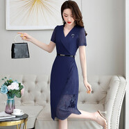 WMOKNN夏季蕾絲鏤空連衣裙女性感成熟仙女時(shí)尚女人味收腰顯瘦遮肚包臀裙 丈青色 M