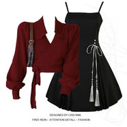 雷黛茜新款港風(fēng)時(shí)尚翻領(lǐng)酒紅色上衣女搭配吊帶連衣裙胖mm顯瘦兩件套 紅色上衣+吊帶連衣裙 兩件套 L 100-120斤