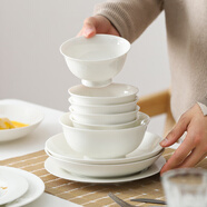 yomerto碗套裝家用純白盤(pán)子釉下彩陶瓷餐具日式白色碗筷骨瓷飯碗高級感碗 【實(shí)用配置】6人食純白皎月餐具3