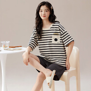 馨愛百年睡衣女夏天短袖韓版休閑簡約加大碼帶胸墊家居服可外穿短褲套裝 QH3280女 XL